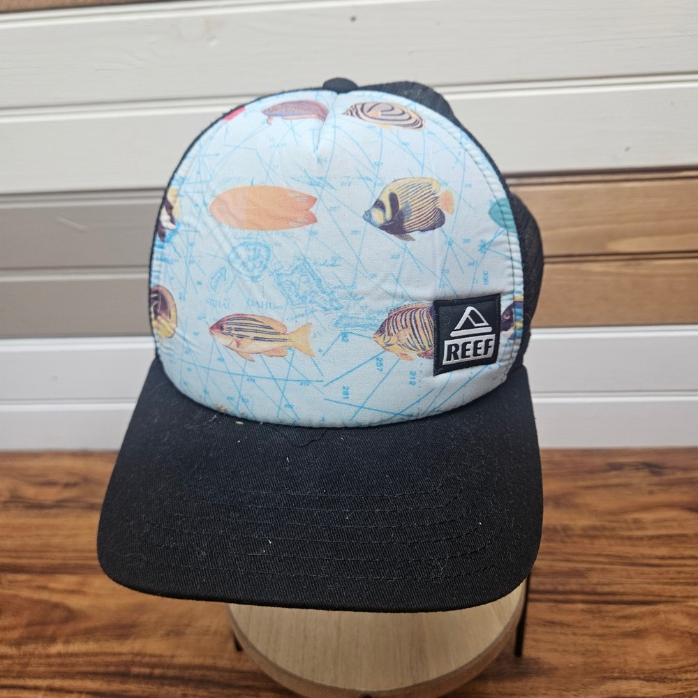 Reef Mens Trucker Hat Black Blue Fish Map Print Snapback Mesh Surf Cap